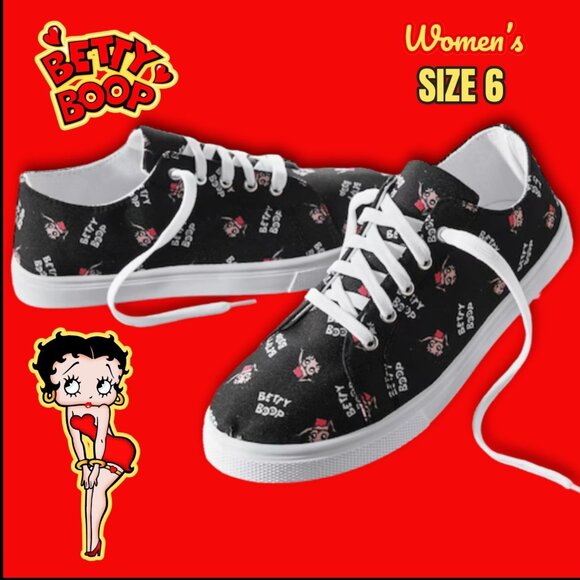 Betty Boop Womens Black Lace-Up Sneakers Size 6 Printed Canvas Casual Shoes - Picture 1 of 2
